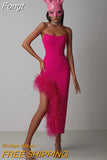 2023 New Summer Women'S Strapless Feather Design Sexy Tight Split Bandage Dress Elegant Celebrity Party Dress