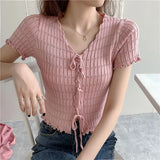 Fongt New Design Knitted Ear-Sensitive Niche T-Shirts Short-Sleeved Knitted Shirt Short-Sleeved Knitted