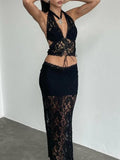 Plunge Neck Halter Low Waist Lace Two Piece-Outfit