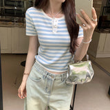 And Light High-Grade Blue Color Striped Short-Sleeved Shoulder T-Shirt Women's Summer Stretch Waist Short Style Foreign Style