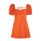 Fongt New Spring 2023 Square Collar Solid Color Versatile Bubble Sleeve Back Band Open Back Dress-Outfit