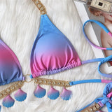 Fongt New Sexy Strap Gradient Print Women's Split Swimsuit Luxury Crystal Diamond Bikini Shell