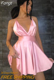 V Pink A-Line Dress Sexy Backless Spaghetti Strap Satin Dress 2023 Summer Elegant Party Wedding Evening Dresses for