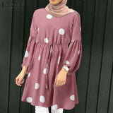 ZANZEA Women Polka Dots Printed Muslim Blouse Lace-Up Puff Sleeve Islamic Clothing Elagant Casual Dubai Marocain Turkish Tops 1028-0-Outfit