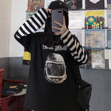 Fake two pieces tshirt Casual Letter Printed O-Neck stripe Tees Patchwork oversized T-Shirts Women Long Sleeve black