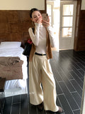 Fongt Xixi 2025 Autumn White Standard Temperament High-Waisted Wool Leisure Straight Legs Casual Trousers Women 85303