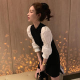 Temperament Retro Bubble Sleeve Splicing Long-Sleeved Women's Spring New Waist Knitted Ass