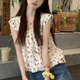 Fongt Summer New Sweet Square Tie Slings Women's Broken Flowers Campus Vest Inside And Outside Wearing Sleeveless Top