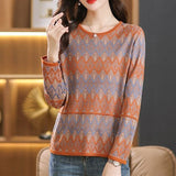 Fongt Early Autumn New Middle-Aged Mother Jacket Female Long Sleeve Loose Hollow Out Stripe Sweater Thin Bottom Sweater-Outfit