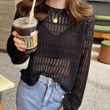 New Lazy Wind Round Collar Hollowed-Out Hook Flower Long-Sleeved Sweater Sunscreen Clothing-Outfit