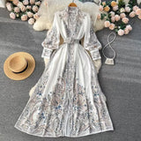 Fongt And Autumn New Holiday Wind Collar Lantern Sleeve Print Together With A Female Waist Swing A Word Over The Knee Long Skirt