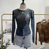 Sunset Sun Dyed Elastic Mesh Yarn T-Shirt Stacked With Long-Sleeved Top Press Line T-Shirt
