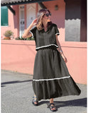 Fongt Summer New Women's Comfortable Casual Shirt Collar Lace Long Skirt Suit 88133-Outfit