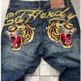 Autumn New Tiger Pattern Printed Jeans Men's High Street Fashion Slim Straight Trousers-Outfit