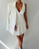 Solid V-neck Vest And Pleated Mini Skirt Set-Outfit