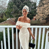 Knit Off-Shoulder Pleated Wrap Maxi Dress-Outfit