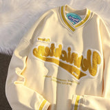 Embroidered Letter V-Neck Sweatshirt Womens Autumn And Winter New Loose Harajuku College Pullover Couple Tops