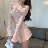 Flare Sleeve Dresses Women Slim Off-shoulder Simple Popular Ulzzang Sexy Autumn Basic Design Tender Mature Soft