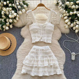 Fongt Temperament Sweet Age Reduction Short Sling Vest High Waist Fluffy Cake Skirt 2025 New Summer Suit