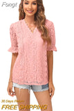 Hollow Out Lace Blouse Shirts Women Summer 2023 V Neck Short Flare Sleeve Blouse Ladies Top Solid Sexy Boho Blusas