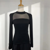 Fongt Show Thin Temperament Mesh Hollow Out Black Bottom Shirt Women's New Slim Half High Collar With Long-Sleeved T-Shirt-Outfit