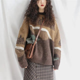 Leopard Patchwork Cashmere Sweater Women Loose Casual Knitted Pullovers Autumn Soft Knitwear Female Retro