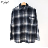 Retro Flannel Brushed Thick Plaid Shirts Women Fall 2022 Korean Fashion Baggy Blouse Female Causal Long Sleeve Tops