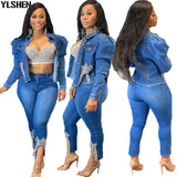 Two 2 Piece Set African Clothes Africa 2021 Dashiki Fashion Denim Dresses Suit Bazin Top Pants Elastic Party Plus Size
