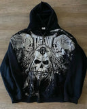 New Hoodie Gothic Skull Zipper Hip Hop Jacket Loose Hooded Sweatshirt-Outfit