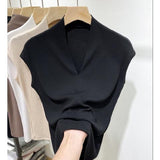 Fongt Temperament Goddess 2024 Autumn New Good Version V Collar Short Sleeve Female Slim Slim Elastic Cotton Black T-Shirt-Outfit