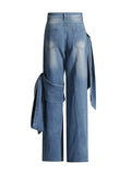 Vintage Old Leisure Trousers 2025 New Niche Splicing Bow Design High-Waist Straight Jeans Female