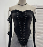 Hottie Sexy Tset Blouse Irregular Cowboy Splicing Mesh Yarn Tie With Short T-Shirt
