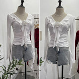 Han's New V-Neck Flower Irregular Lotus Leaf Edge Ribbon Slim Thin T-Shirt Short Top