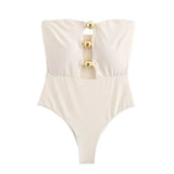 Fongt Summer New Metal Accessories Opening Design Bra-Smeared One-Piece