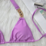 Fongt New Sexy Metal Accessories Rhinestone Solid Color Bikini Female Split Swimsuit Strap