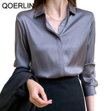 Elegant Satin Blouse Autumn Spring Turn-Down Collar Single-Breasted Long Sleeve Female Chiffon Shirt Ladies Blouse