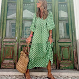 Puff Sleeve Long Dress Women Elegant Printed V-Neck Maxi Dresses Boho Drawstring Loose Holiday Beach Dress Vestidos