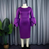 Fongt Temperament Style Dress Personality Petal Sleeve Round Neck-Waisted Dress Dress