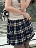 Women With Adjustable One-piece Belt Buckle Plaid Printed Pleated Mini Skirts 2023 Summer Retro Female Chic Bottoms-Outfit