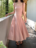 Fongt Xixi 13 Line 2025 Summer New Elegant Temperament Pure Color High-Waist Short-Sleeved Dress Dress Women 88267