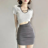 Collar Short Sleeves Dress For Women Hollow Out Sexy Bandage Chic Y2k Summer Short Sleeve Mini Irregular Vestidos-Outfit
