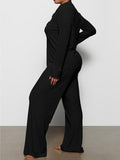 Long Sleeve Button Down Ribbed Knit Pajamas Set-Outfit