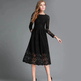 Fongt 2025 New Women's Dress Round Collar Hollow Simple Lace Long Sleeves Medium Long