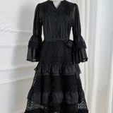 Fongt Elegant Gentle Wind Horn Sleeve Hollow Lace Splicing Cake Dress Women's Waist Thin Temperament