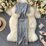 Fongt Summer New Knee Tight Elastic Knitted Dress Open Design Buckle Round Neck Dress Short Sleeve