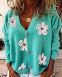 Fongt Spring And Autumn New Women Long Sleeve Cardigan Embroidered V-Neck Knit Sweater