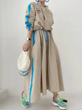 2024 Contrast Color Stand Collar Back Letter Long Sleeve Short Jacket And High Elastic Waist Pocket Mid-cakf Skirt TH66-Outfit