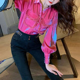 Tassel Spliced Blouse Commute Solid Color Elegant Lapel Bright Silk Spring Autumn Women's Clothing Single-breasted Shirt-Outfit