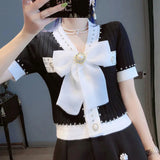 Knitted Diamonds Cardigan Chic Fashion Women V Neck Mesh Big Beaded Bownot Black Button Loose Sweater
