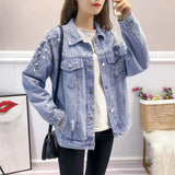 Fongt 2024 New Women's Korean Version Students Loose Thin Large Size Nail Bead Hole Jeans Denim Coat Tide-Outfit